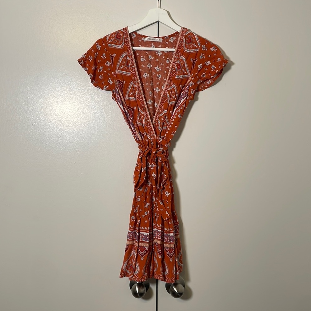 Orange Floral Wrap Dress, Very Light and Breathable